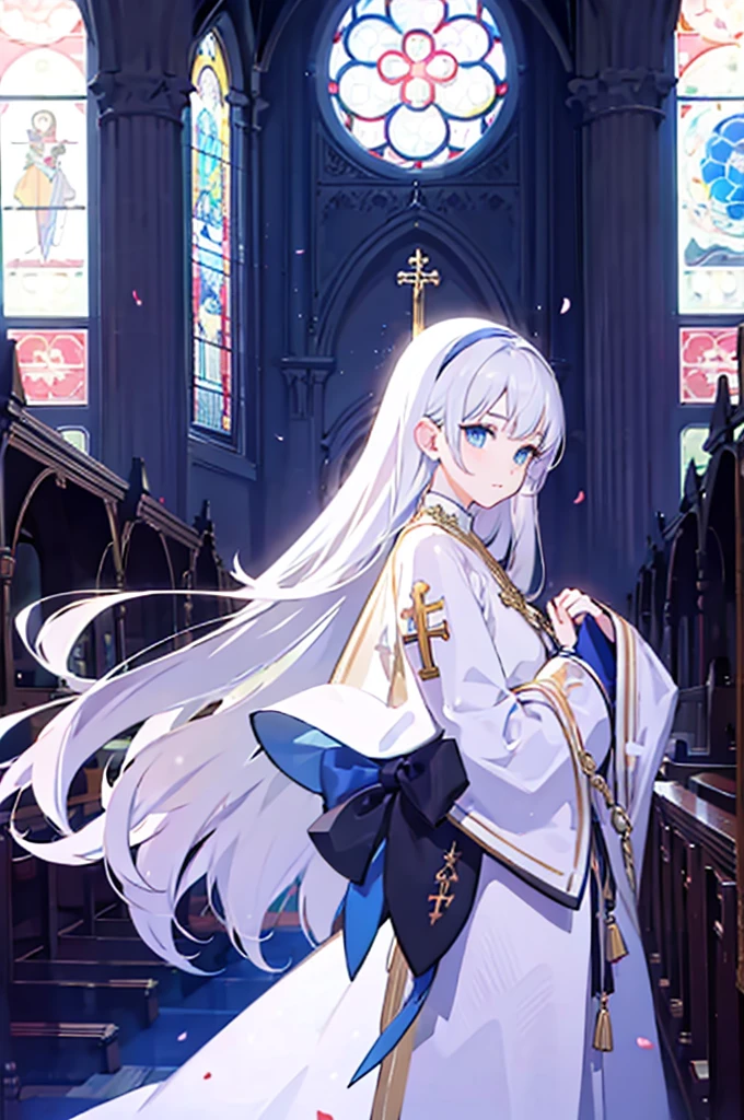 1girl, white hair, solo focus, clearly, blue eyes, very long hair, stole, priest, Bishojo, church