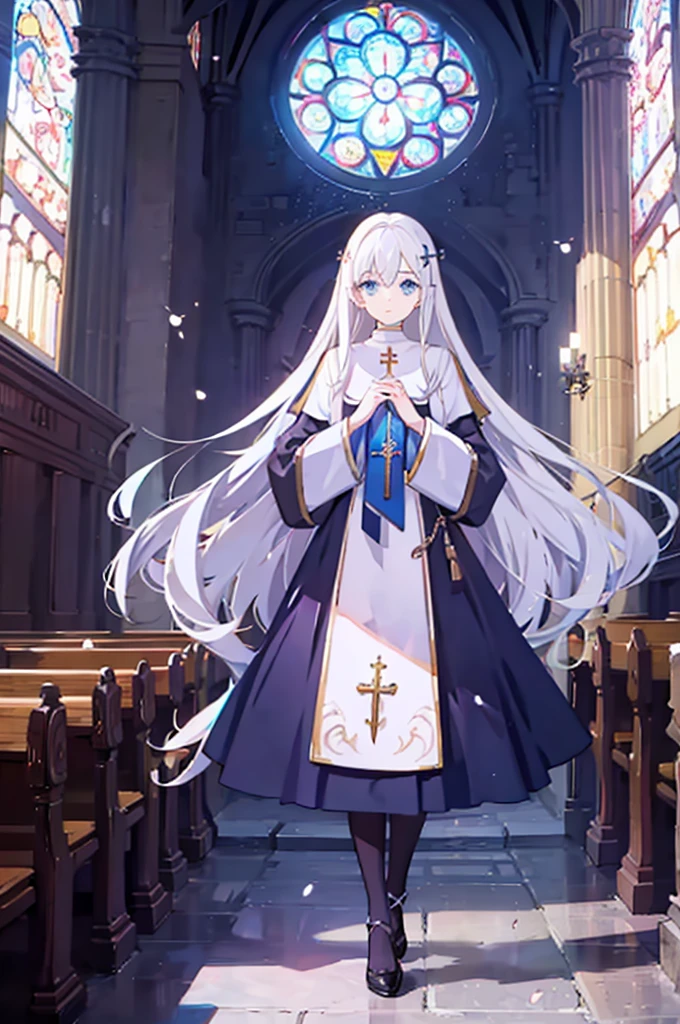 1girl, white hair, solo focus, clearly, blue eyes, very long hair, stole, priest, Bishojo, church