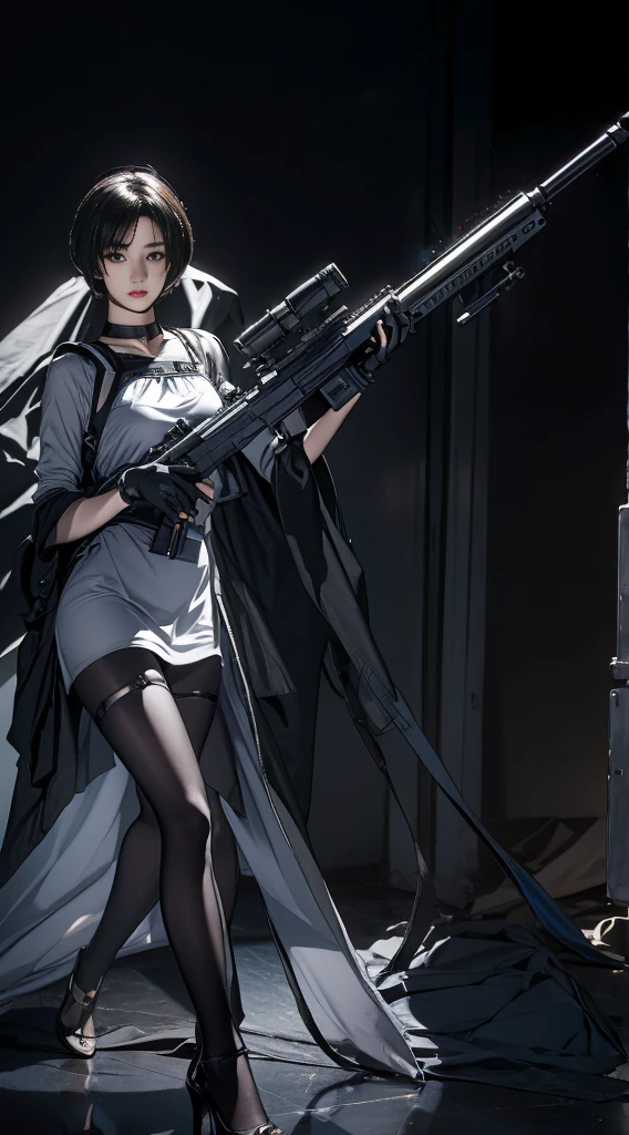 1 girl, solo, short hair, simple background, black hair, dress, holding, standing, weapon, choker, weapon holding, high heels, gun, thigh strap, pale skin, gun, rifle, sniper rifle, stance