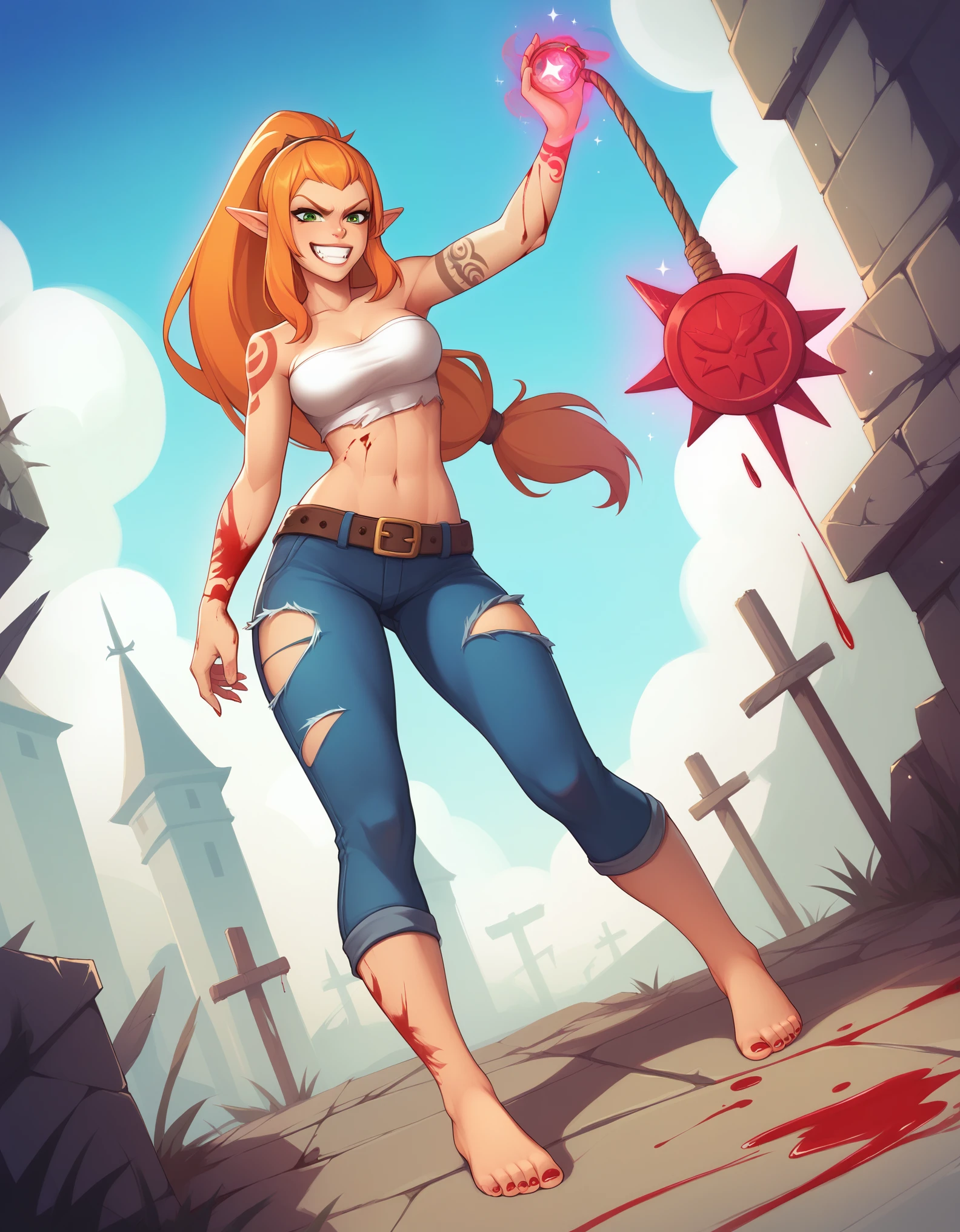 dofus, score_9, score_8_up, score_7_up,  dofus, solo, 1girl,sacrieur , sacrier, blood, spell, blood magic,  red magic, vicious smile, angry,  tattoos, long hair, torn clothes, breasts, ponytail, blonde hair, barefoot, navel, medium breasts, pants, very long hair, green eyes, grin, pointy ears, blood, midriff, orange hair,  feet, , toes, low-tied long hair, 