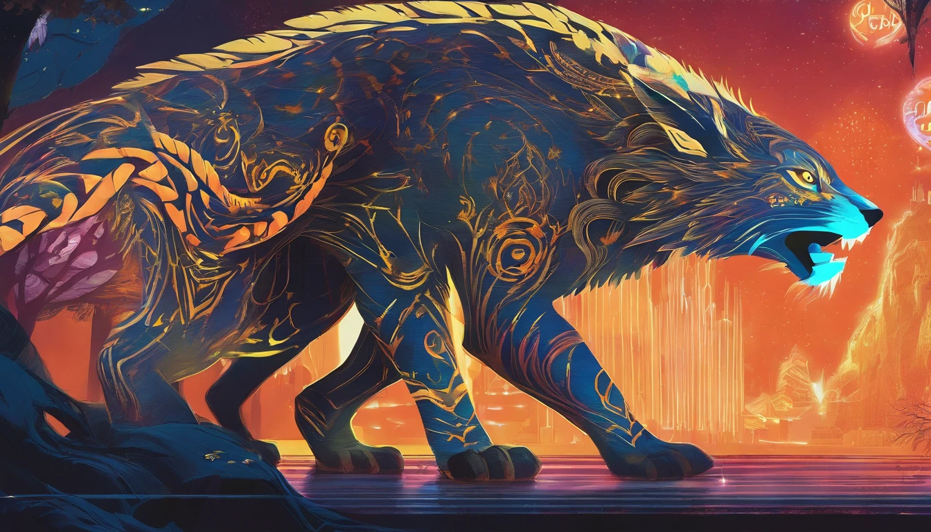 Old anime style, artbook, comicbook, RPG, futuristic tribal, tribalpunk. Magical beast man, wearing glowing magical tribal armor, stone skin with carved magic marks, dynamic pose, full body, face with glowing magical tribal tattoos with warm tones, beast features, beast tail, beast fur on ears, glowing eyes , using a magical long spear with glowing magical markings. A magical village in a kingdom of an ancient civilization with mystique, with buildings with neon details, with magical vegetation mixed in with the huts. Wide scenery, cinematic scene with several layers of depth, dynamics, magical lighting.