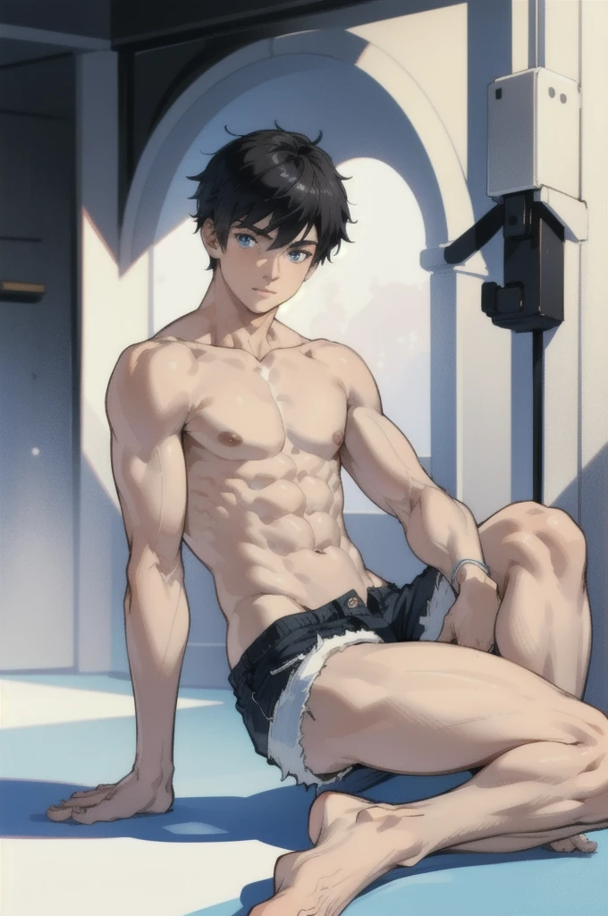 Masterpiece, Best Quality, Detailed black hair boy, detailed blue eyes, muscular, shirtless, wearing short white shorts, barefoot