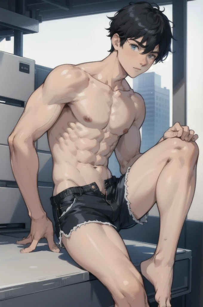 Masterpiece, Best Quality, Detailed black hair boy, detailed blue eyes, muscular, shirtless, wearing short white shorts, barefoot
