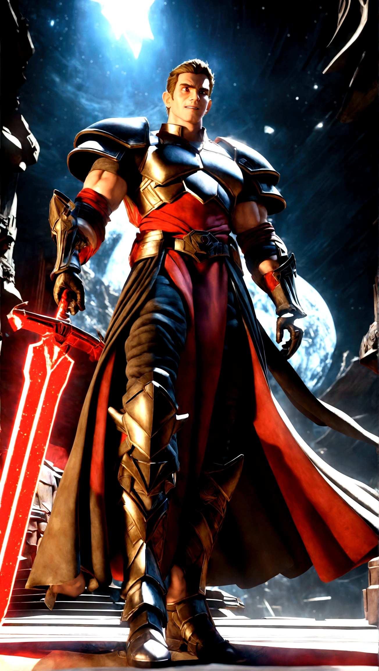 full body shot, star wars, 3d shading, tall brawny muscular, pale white skin, snow elf, subtle grin, long scarlet red tied back hair, thick eyebrows and stubble, red eyes, holding his twohanded claymore greatsword the large green plasma blade, black half plate armor with a Pauldron and dark brown leather accents, bright space station background