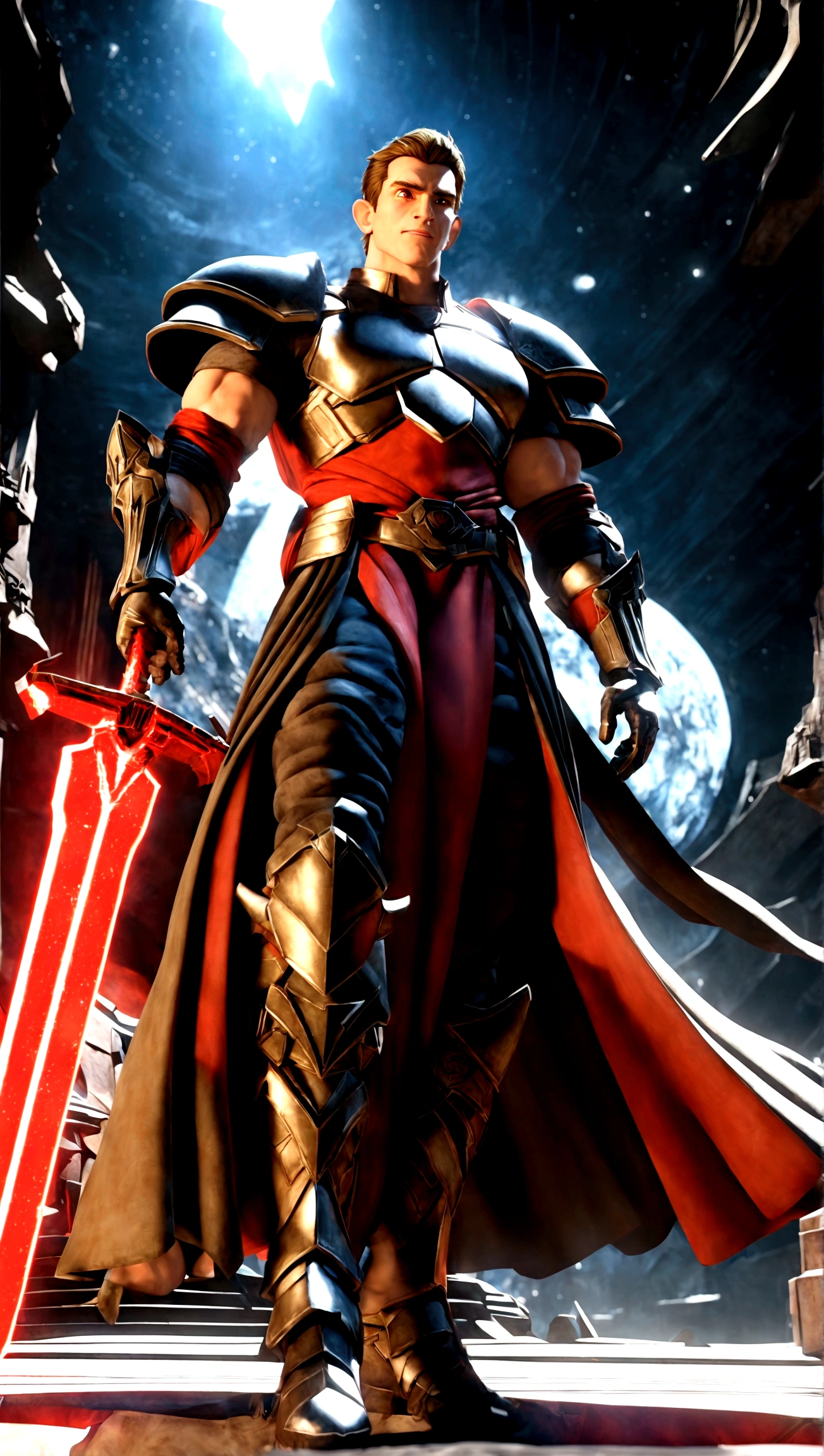 full body shot, star wars, 3d shading, tall brawny muscular, pale white skin, snow elf, subtle grin, long scarlet red tied back hair, thick eyebrows and stubble, red eyes, holding his twohanded claymore greatsword the large green plasma blade, black half plate armor with a Pauldron and dark brown leather accents, bright space station background