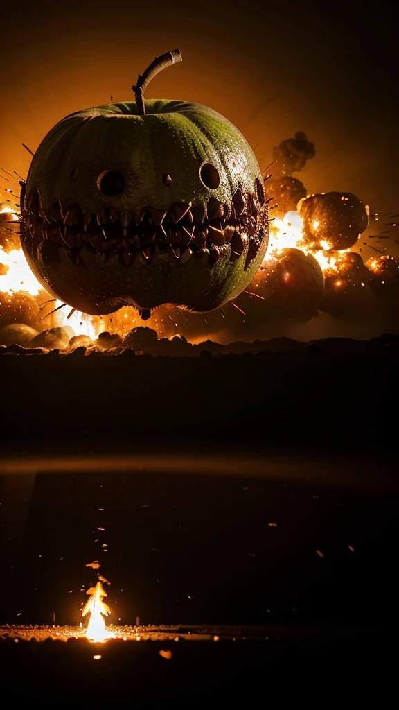 scary monster apples with a background of explosions bomb extream in a laboratory