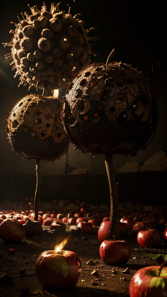 scary monster apples with a background of explosions bomb extream in a laboratory