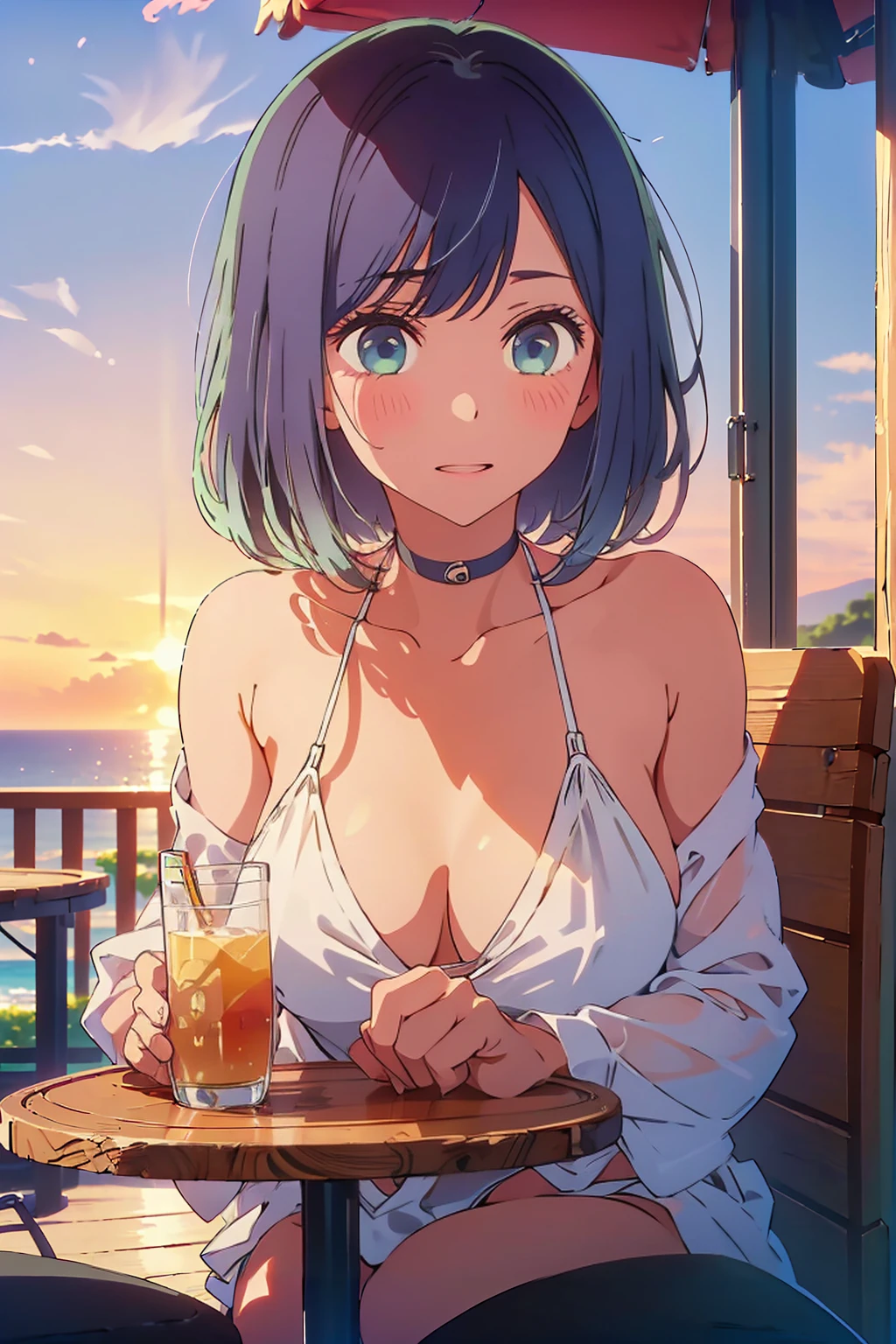 (Highest quality:1.4、masterpiece:1.4、Super detailed:1.4、8K:1.4)、Slim body、((((1 person、Surprised expression、sit、Outdoor café terrace、coastal、juice、table、Sandy Beach、bikini、juiceのグラスを持つ、Big eyes、Shallow depth of field、Very cute face))))、(((sunset、Sunset)))、(((bikiniサイズは小さい)))、(((nude、Nipples、Areola)))、F cup bust、Big Breasts、Get up close and take a photo