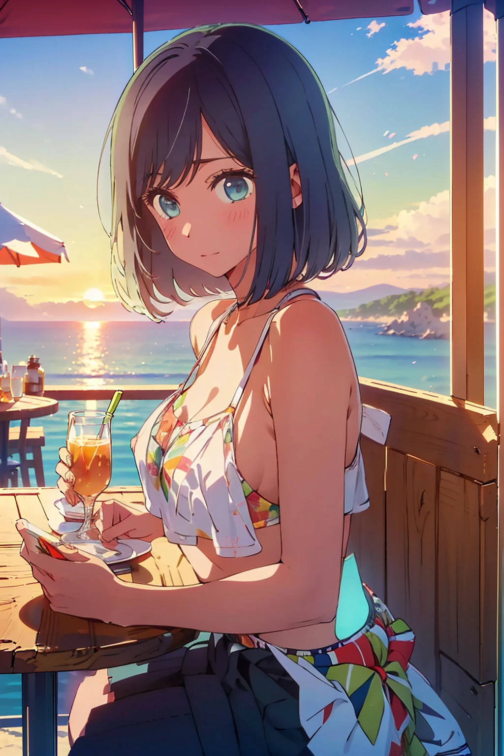 (Highest quality:1.4、masterpiece:1.4、Super detailed:1.4、8K:1.4)、Slim body、((((1 person、Surprised expression、sit、Outdoor café terrace、coastal、juice、table、Sandy Beach、bikini、juiceのグラスを持つ、Big eyes、Shallow depth of field、Very cute face))))、(((sunset、Sunset)))、(((bikiniサイズは小さい)))、(((nude、Nipples、Areola)))、F cup bust、Big Breasts、Get up close and take a photo