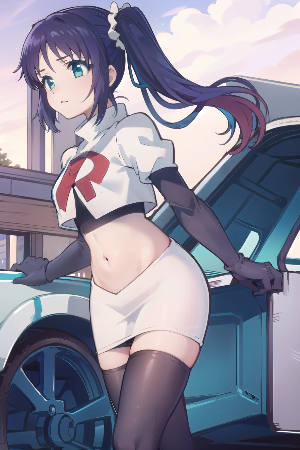 1girl,solo,outdoor,
 aatisaki,blue_hair,blue_eyes,side_ponytail,team rocket,team rocket uniform,white skirt,red letter R,crop top,black thigh-highs,black elbow gloves