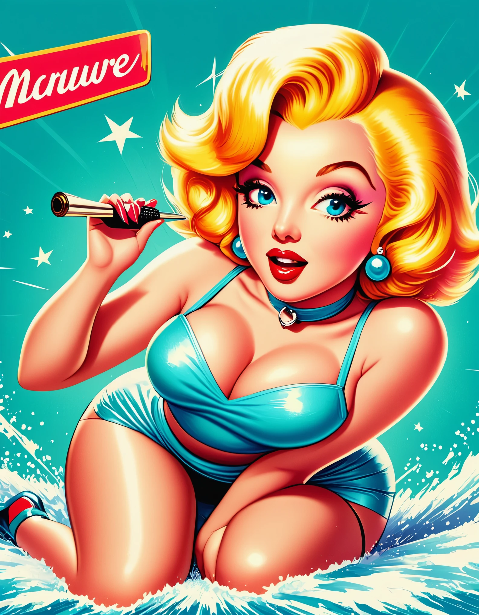 A vintage pin-up illustration of Marilyn Monroe, capturing her iconic beauty with a playful, retro aesthetic and vibrant colors. Hyper-realistic, vibrant colors, 16k