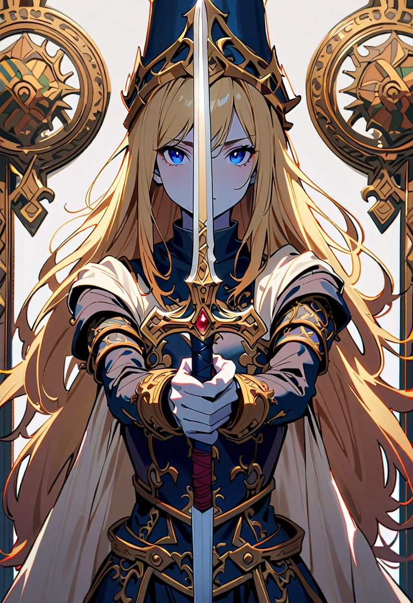 19-year-old human, dark blue eyes, long blond hair, thin frame, 170 cm tall, medieval armor, long two-handed sword, warrior, intense, noble, graceful strength, intricate engravings
