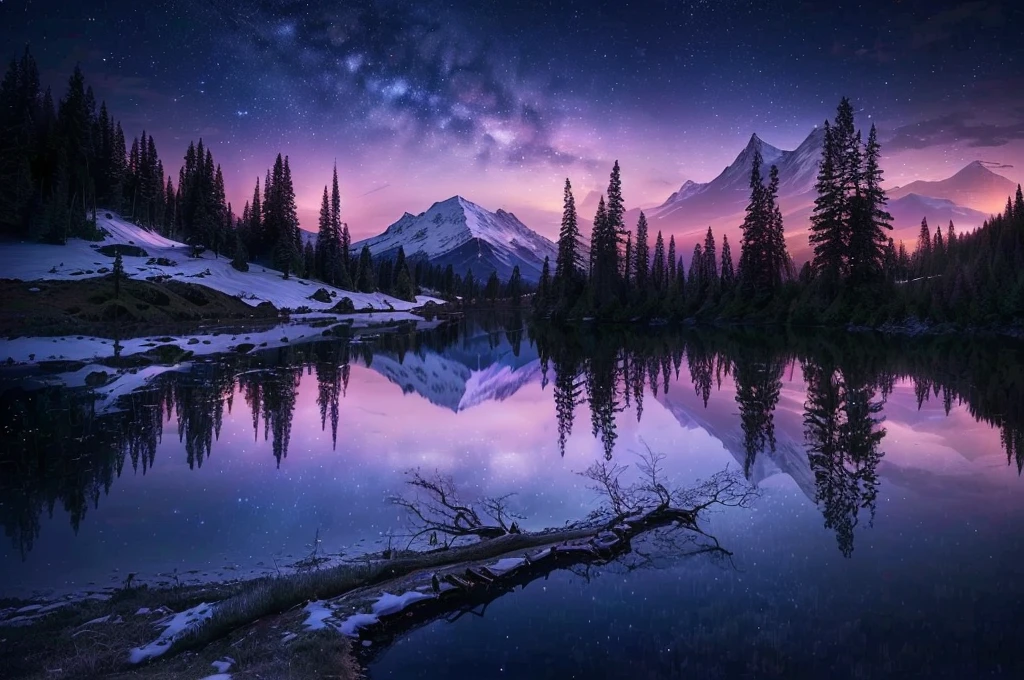 arafed mountain with a lake and a tree in the foreground, nighttime nature landscape, magnificent background, landscape photo, an amazing landscape image, beautifully lit landscape, mystical lake, magical landscape, magical sparkling lake, beautiful wallpaper, majestic nature scenery, landscape wallpaper, stars reflecting on the water, nature wallpaper, beautiful lake, beautiful lake background, hd wallpaper, mystical night