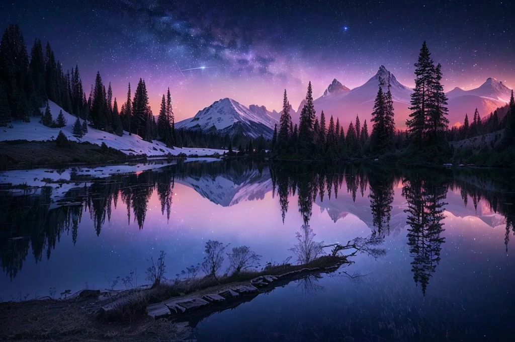 arafed mountain with a lake and a tree in the foreground, nighttime nature landscape, magnificent background, landscape photo, an amazing landscape image, beautifully lit landscape, mystical lake, magical landscape, magical sparkling lake, beautiful wallpaper, majestic nature scenery, landscape wallpaper, stars reflecting on the water, nature wallpaper, beautiful lake, beautiful lake background, hd wallpaper, mystical night