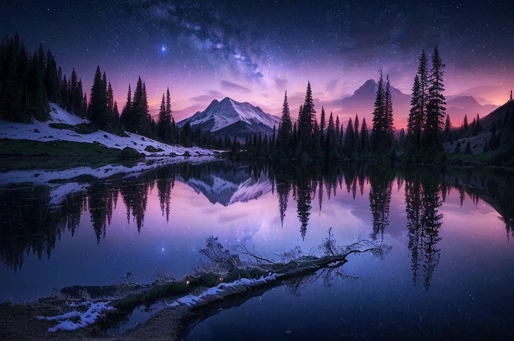 arafed mountain with a lake and a tree in the foreground, nighttime nature landscape, magnificent background, landscape photo, an amazing landscape image, beautifully lit landscape, mystical lake, magical landscape, magical sparkling lake, beautiful wallpaper, majestic nature scenery, landscape wallpaper, stars reflecting on the water, nature wallpaper, beautiful lake, beautiful lake background, hd wallpaper, mystical night