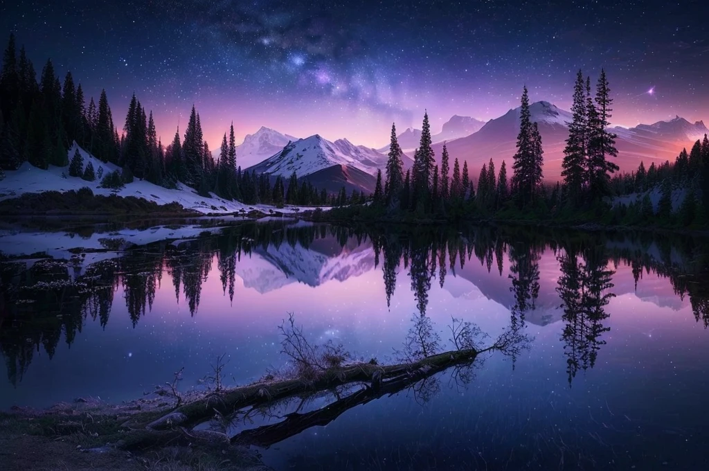arafed mountain with a lake and a tree in the foreground, nighttime nature landscape, magnificent background, landscape photo, an amazing landscape image, beautifully lit landscape, mystical lake, magical landscape, magical sparkling lake, beautiful wallpaper, majestic nature scenery, landscape wallpaper, stars reflecting on the water, nature wallpaper, beautiful lake, beautiful lake background, hd wallpaper, mystical night