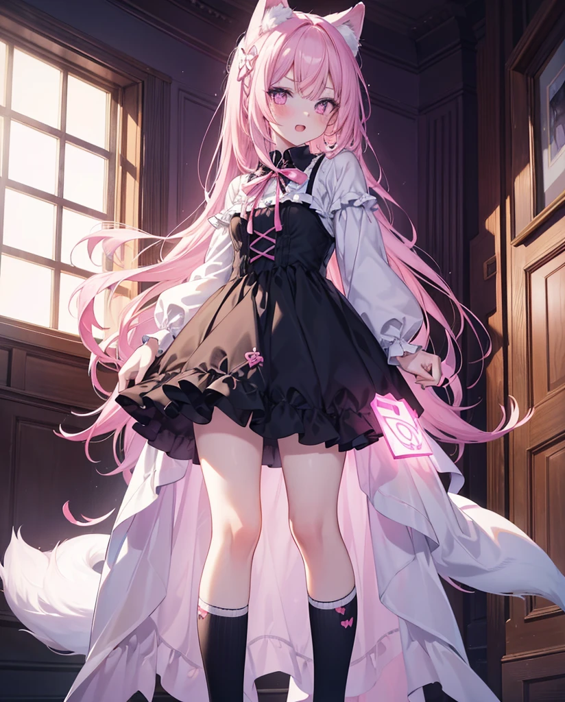 masutepiece, Highest Quality, (Perfect face:1.1), (high detailing:1.1), (ultradetailed eyes), Dramatic, superfine illustration, Extremely detailed,1girl in, teenager,(pale skin), Happy, Laugh, Enjoy,Open mouth,gloweyes,pinkhair,straight hair,Ethereal eyes, pink eye,blush, Solo,Pouty lips,Cinematic lighting, upper body,looking up, leaning forward,Long sleeve, Gothic lolita, frilld, bow ribbon,knee high socks,indoor, small neko ears,big white and pink fox tail, standing on one feet doing a cat pose (simulating cat pow)