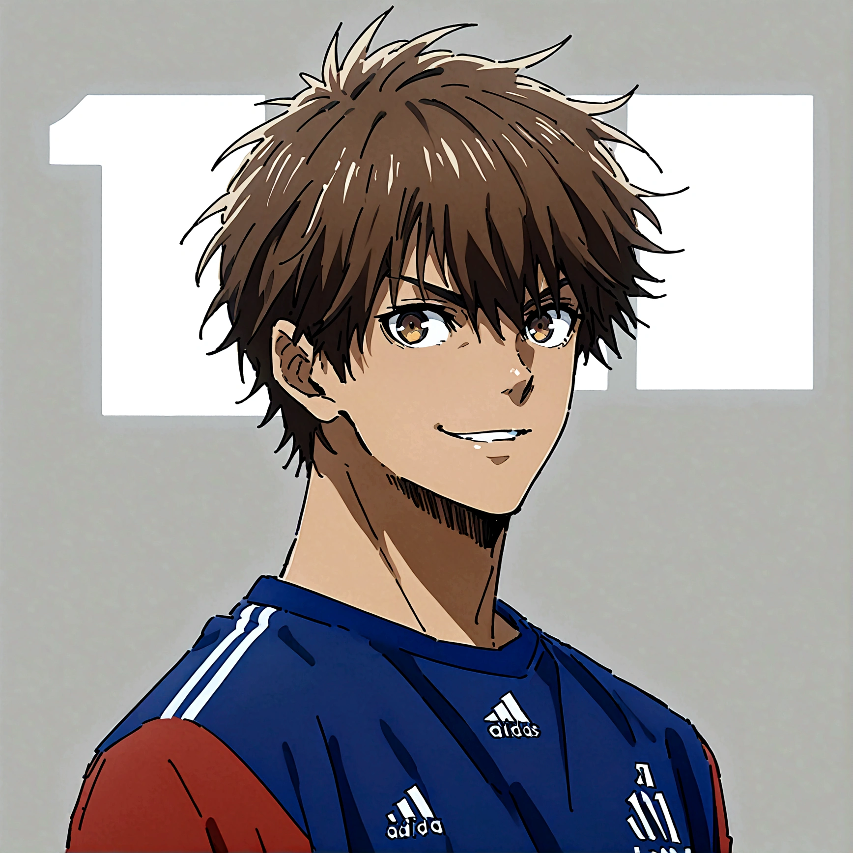 1boy, lion eyes, Vestindo a camisa da seleção da Espanha da Adidas, Sentado no centro do campo, brown eyes, fashionable hair, brown hair, red shirt, number 11, looking at the side, short hair, upperbody, messy hair, detailed eyes, {brown skin}, {smirk}, masterpiece, best quality,