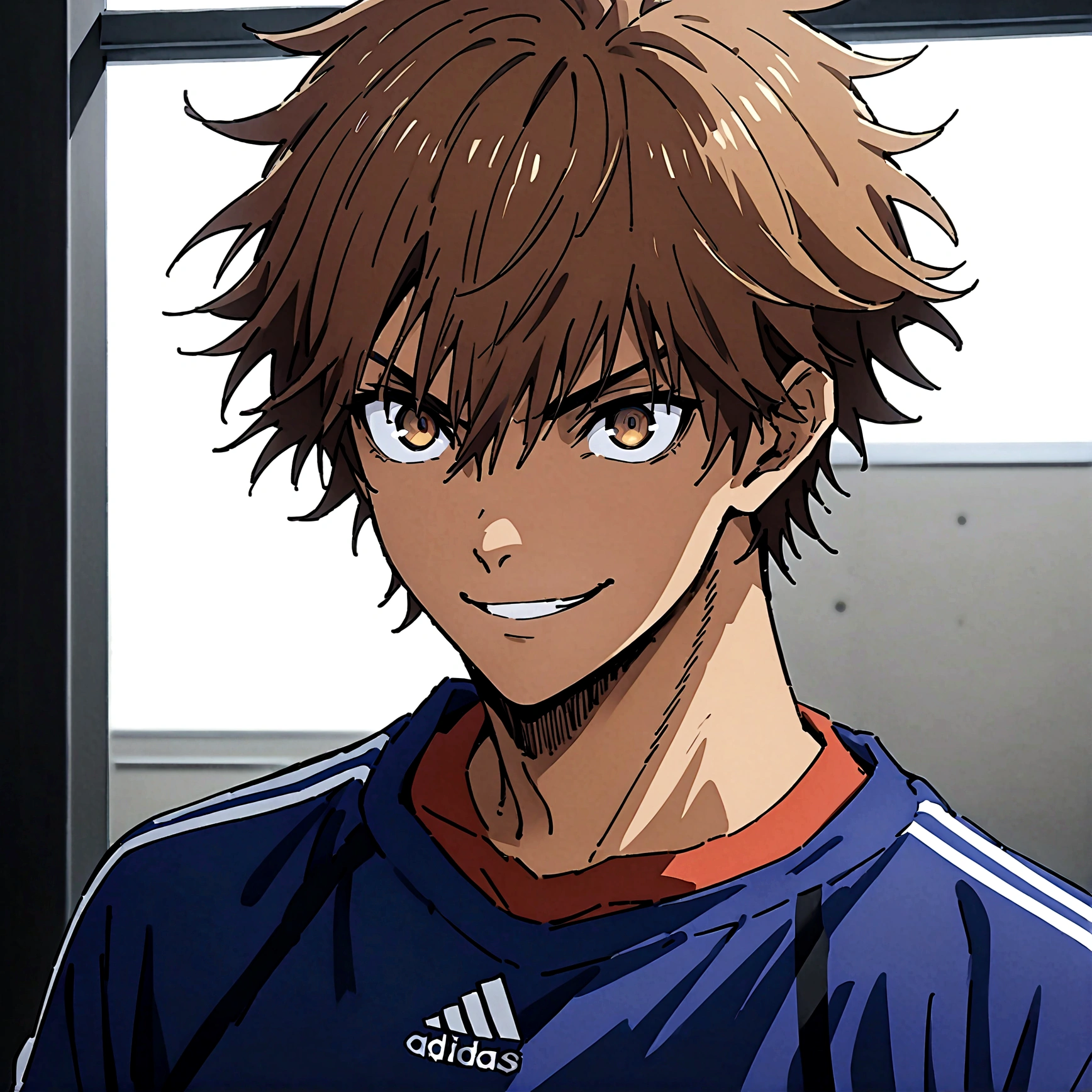 1boy, lion eyes, Vestindo a camisa da seleção da Espanha da Adidas, Sentado no centro do campo, brown eyes, fashionable hair, brown hair, red shirt, number 11, looking at the side, short hair, upperbody, messy hair, detailed eyes, {brown skin}, {smirk}, masterpiece, best quality,