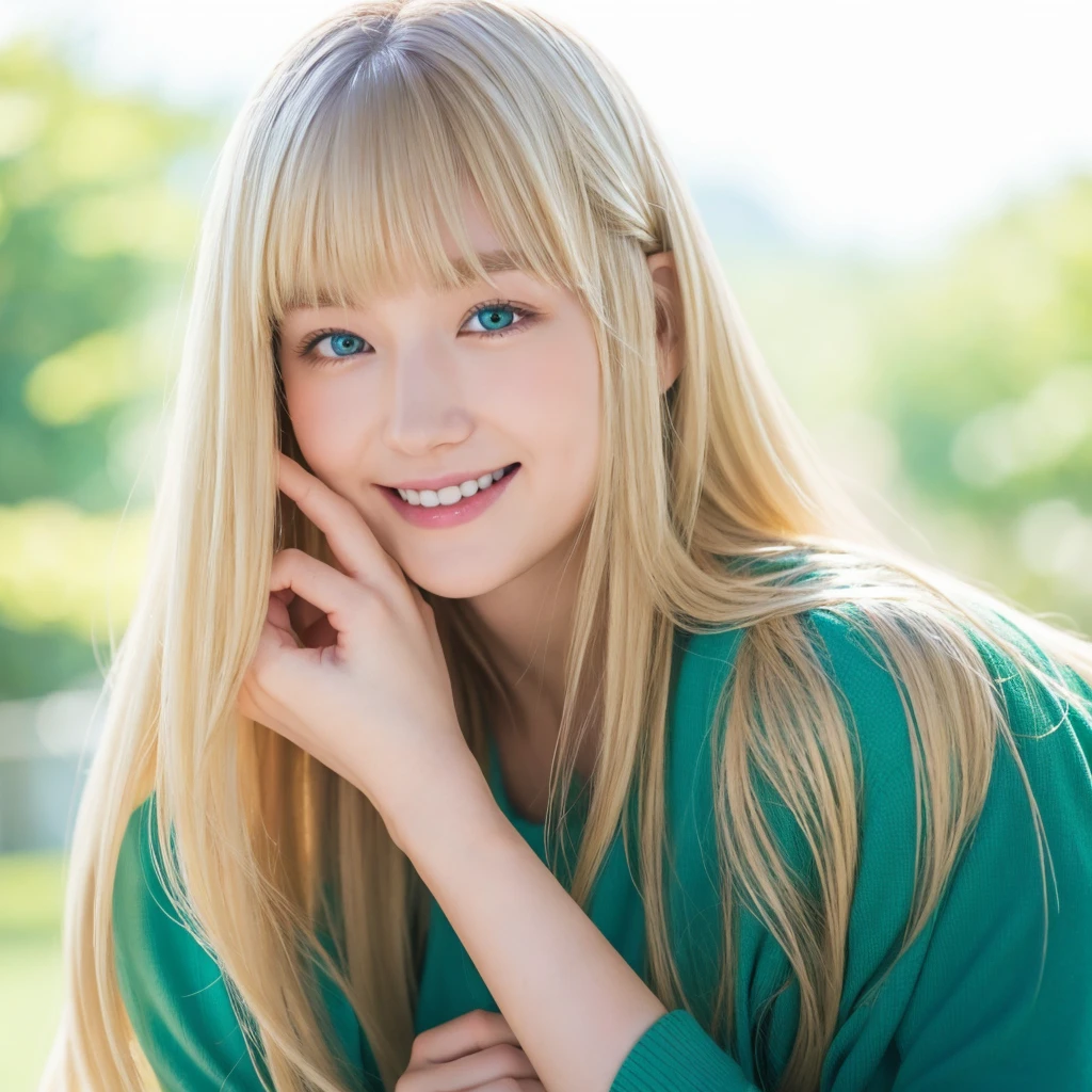 Pale blonde teen girl bangs long soft silky hair, blue-green eyes, taking a photo doing skin care on your face smiling