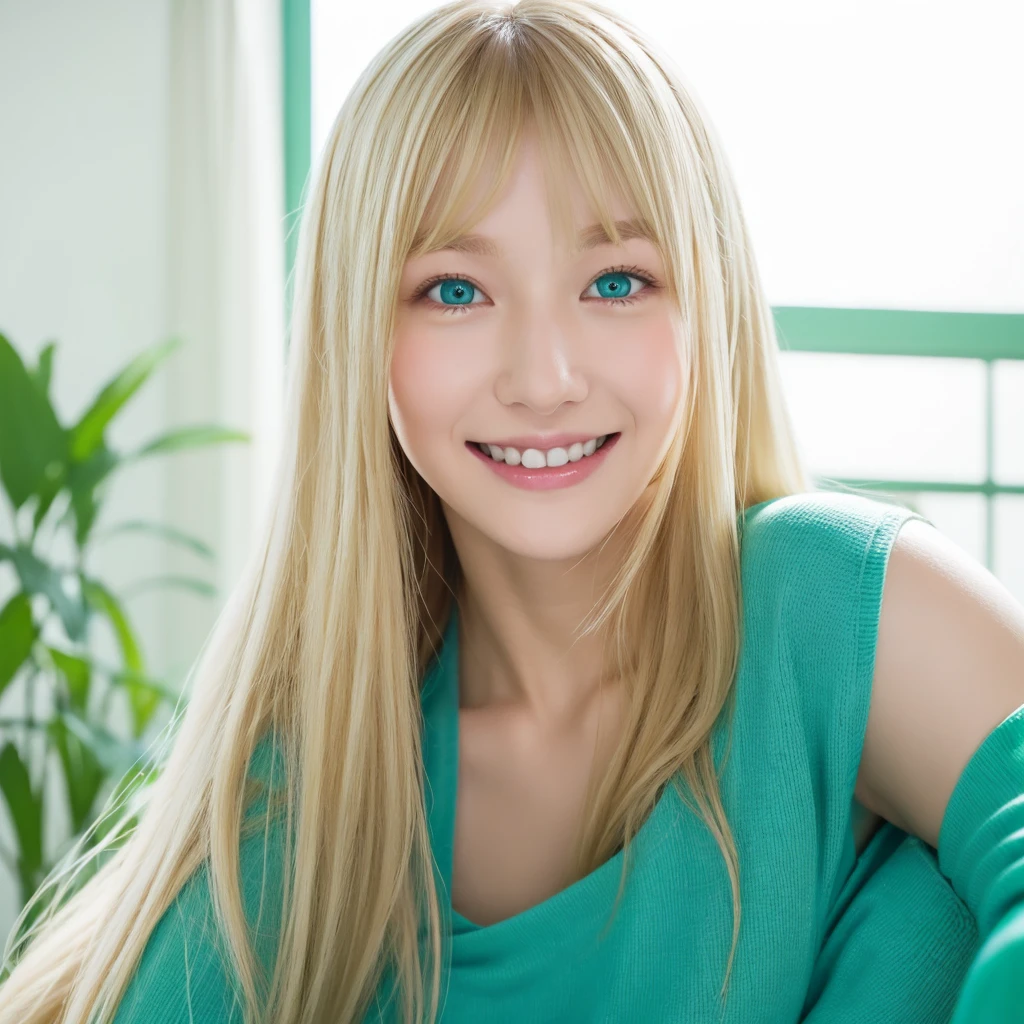 Pale blonde  girl bangs long soft silky hair, blue-green eyes, taking a photo doing skin care on your face smiling 