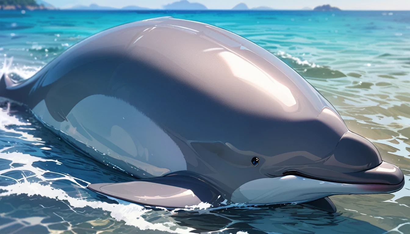Solo, no humans, animals, Dolphin, animal-centered, masterpiece, highest quality, cute, detailed description, natural scenery, relaxing,In the sea