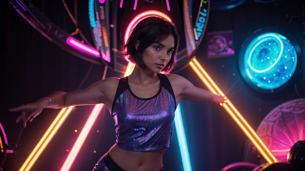 a cute, slender, aerobics instructor, very short brown hair, very short brown hair, very short brown hair, very short brown hair, very short brown hair, brown eyes, dimples, sexy pose; In a kaleidoscopic realm of swirling stardust and neon nebulae, her incandescent form outshines quasars, with obsidian tresses cascading down her silhouette. more neon psychedelic lighting, more neon psychedelic lighting, more neon psychedelic lighting,