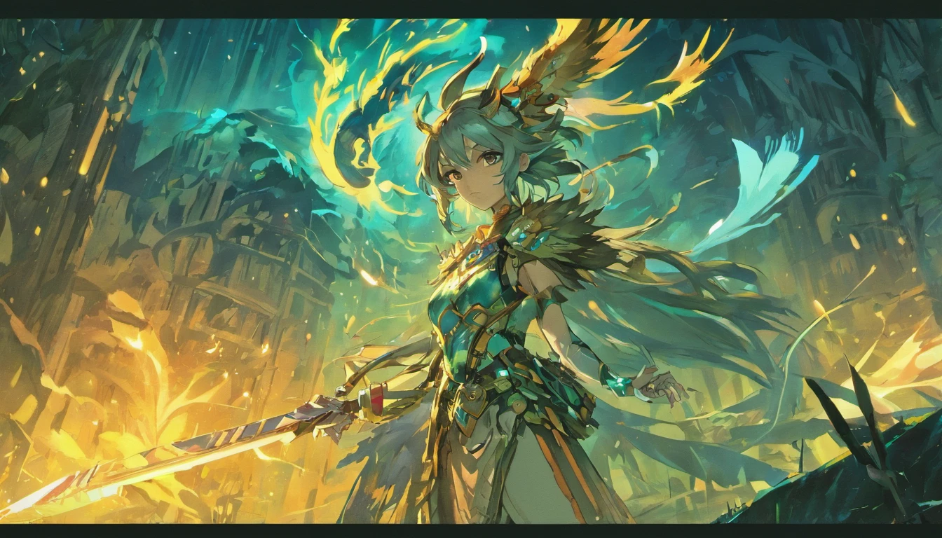 Old anime style, artbook, comicbook, RPG, futuristic tribal, tribalpunk. Magical beast man, wearing glowing magical tribal armor, stone skin with carved magic marks, dynamic pose, full body, face with glowing magical tribal tattoos with warm tones, beast features, beast tail, beast fur on ears, glowing eyes , using a magical long spear with glowing magical markings. A magical village in a kingdom of an ancient civilization with mystique, with buildings with neon details, with magical vegetation mixed in with the huts. Wide scenery, cinematic scene with several layers of depth, dynamics, magical lighting.