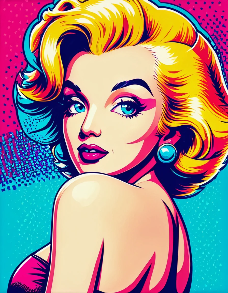 A pop art depiction of Marilyn Monroe, featuring bold colors, strong outlines, and a modern, playful feel. Hyper-realistic, vibrant colors, 16k