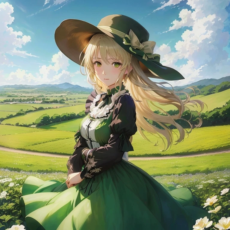 anime girl in green dress and hat standing in a field, marisa kirisame, in dress, violet evergarden, kirisame marisa, anime visual of a cute girl, official art, official anime artwork, portrait of lolita, official artwork, rin, , key anime art, anime key visual of elegant, lolish, official illustration, official anime still