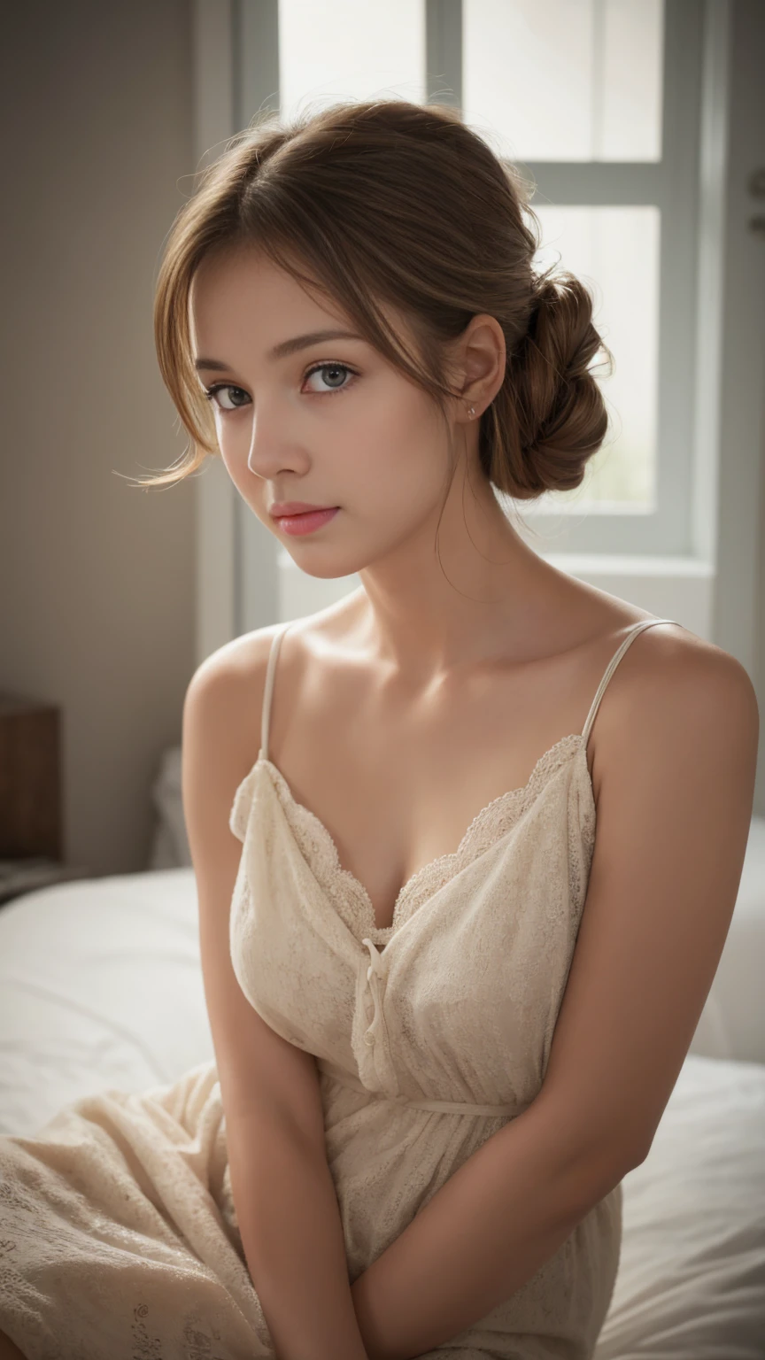 Highest quality, , Soft Light, Ultra-high resolution, (Realistic:1.4), RAW Photos, 1 Swedish girl, alone, Or a face,Baby y pose、Whole body(A shy smile:0.5), (Brown eyes, Light in your eyes), Beautiful face in every detail,(Updo),Swedish Dress(See-through)