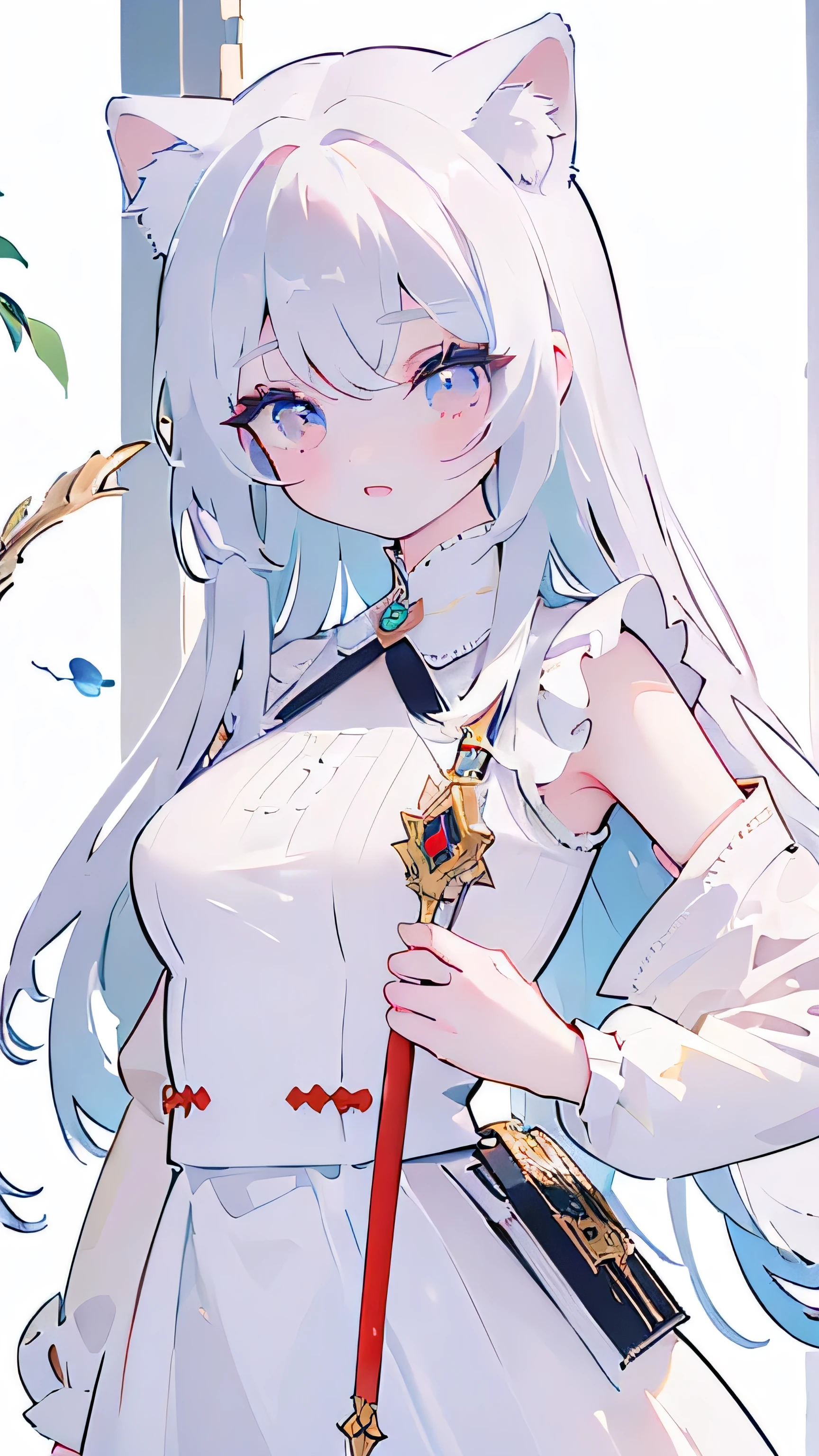 Tsundere 18 year old girl, beautiful and delicate eyes, beautiful lips, very detailed 눈과 얼굴, long eyelashes, 1girl, white cat ears, foot long bag, Front view, Red-eye, (top quality, 4K, 8K, high resolution, masterpiece:1.2), very detailed, (realistic인, realistic인, realistic인, realistic인, realistic: 1.37), big bust, Scythe, elegant, fantasy, white background,holding a weapon, maid uniform, I can see my armpits
