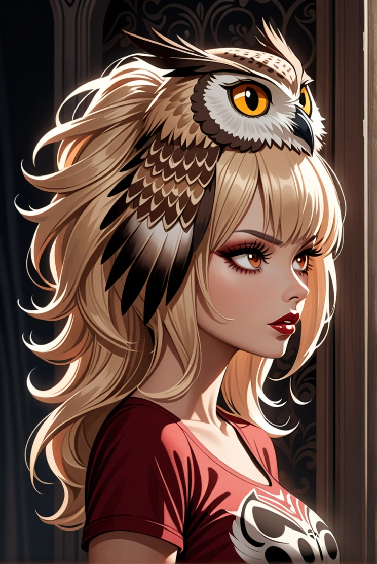 3/4 view, Woman Sakura + Pamela Anderson sexy big ass wearing an (owl headdress), looking away, [Surrealism | Pop Surrealism | Lowbrow Art], [Photography | Digital Painting], in the style of [Brian Viveros | Mark Ryden | Audrey Kawasaki], [rich colors | intricate details], inspired by [Film Noir | Gothic Fashion] t shirt red sexy decote melancholic woman with intense eyes, wearing a detailed and realistic owl headdress, dramatic shadows, intricate feather textures, high contrast, mysterious atmosphere, fine detailing, soft focus, 8k, trending on ArtStation. by Satori Canton🧸