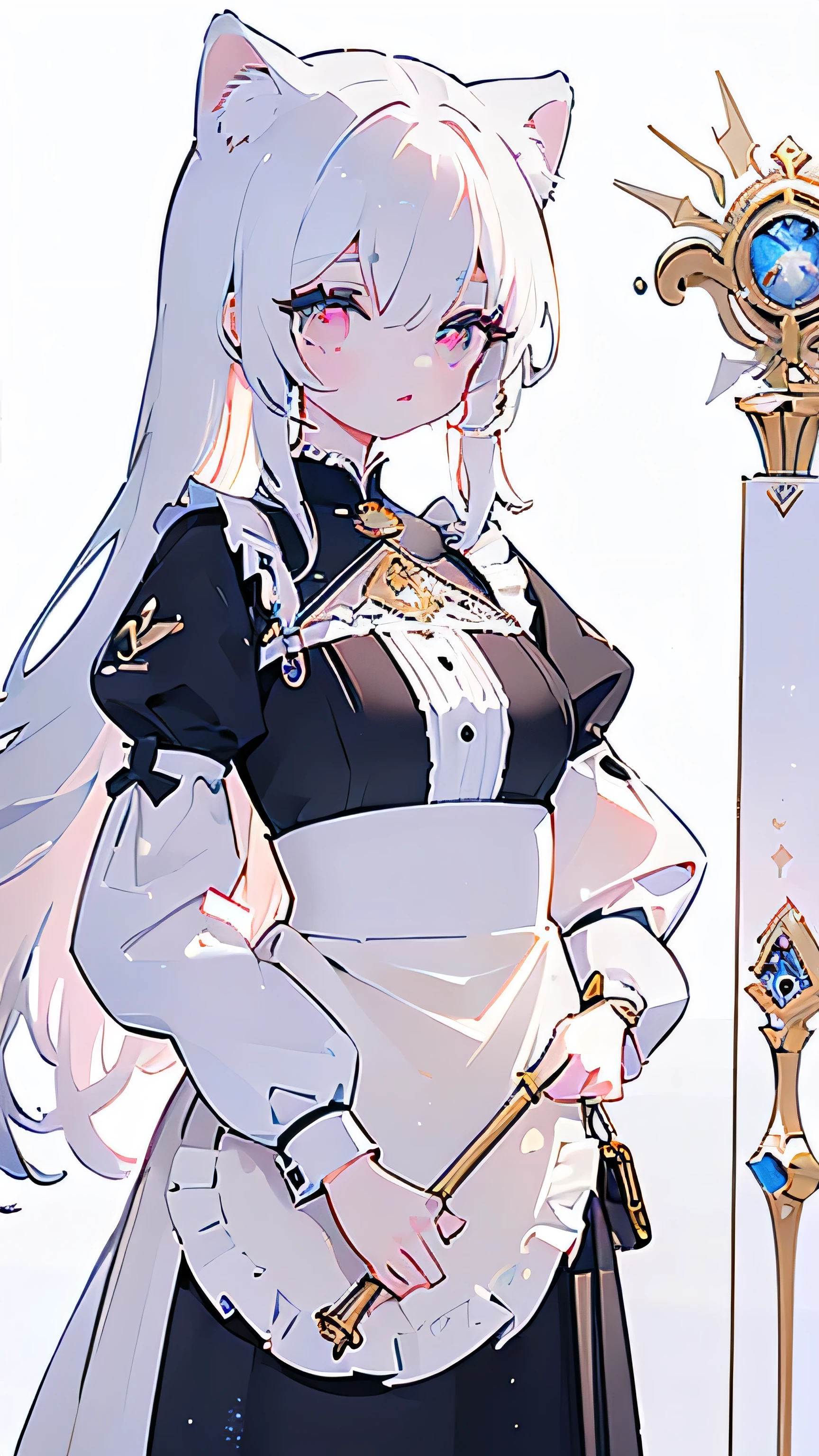Tsundere 18 year old girl, beautiful and delicate eyes, beautiful lips, very detailed 눈과 얼굴, long eyelashes, 1girl, white cat ears, foot long bag, Front view, Red-eye, (top quality, 4K, 8K, high resolution, masterpiece:1.2), very detailed, (realistic인, realistic인, realistic인, realistic인, realistic: 1.37), big bust, Scythe, elegant, fantasy, white background,holding a weapon, maid uniform, I can see my armpits