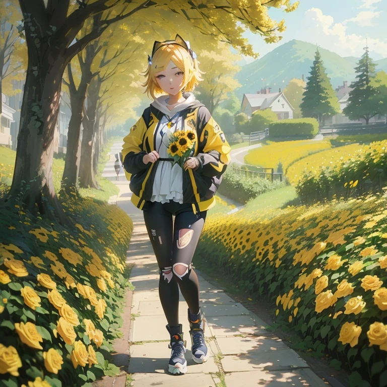 anime girl walking down a path with yellow roses in the background, rin, beautiful sunflower anime girl, anime lush john 8k woods, trending on artstation pixiv, official artwork, anime style 4 k, kagamine rin, made with anime painter studio, artwork in the style of guweiz, guweiz on pixiv artstation, anime background art