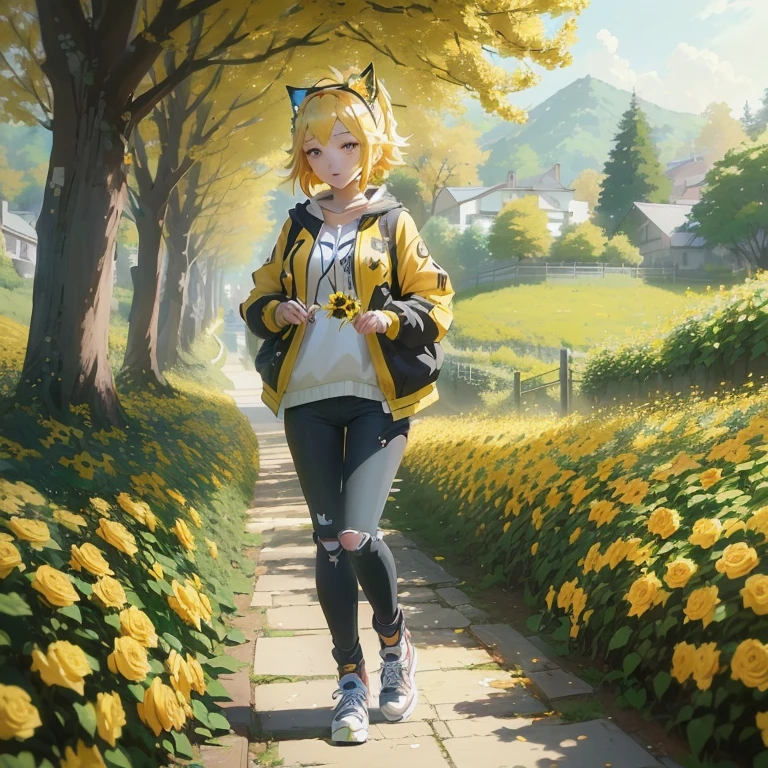 anime girl walking down a path with yellow roses in the background, rin, beautiful sunflower anime girl, anime lush john 8k woods, trending on artstation pixiv, official artwork, anime style 4 k, kagamine rin, made with anime painter studio, artwork in the style of guweiz, guweiz on pixiv artstation, anime background art