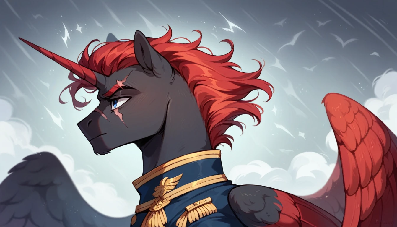 Male alicorn pony, sfw, black fur, dark blue eyes, red stripes, long flowing red hair and tail, scar over left eye, red feathers on wings, thunderstorm butt mark, standing proud, white navy admirals uniform, facing viewer, close-up portrait