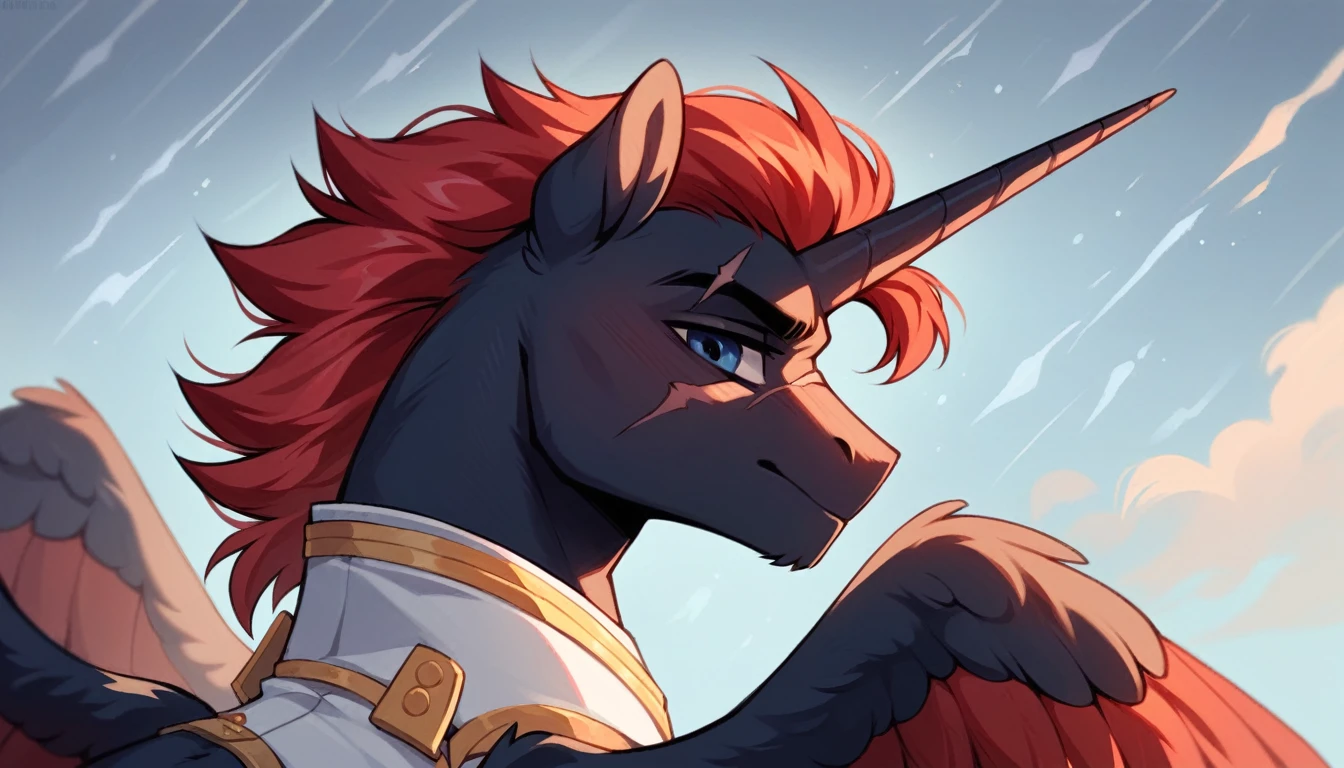 Male alicorn pony, sfw, black fur, dark blue eyes, red stripes, long flowing red hair and tail, scar over left eye, red feathers on wings, thunderstorm butt mark, standing proud, white navy admirals uniform, facing viewer, close-up portrait