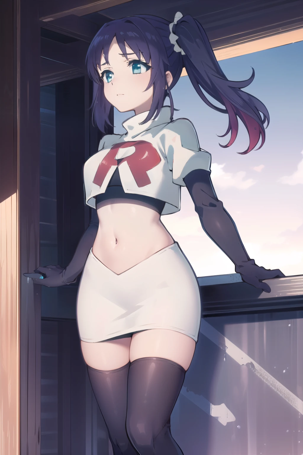 1girl,solo,outdoor,
aatisaki,blue_hair,blue_eyes,side_ponytail,team rocket,team rocket uniform,white skirt,red letter R,crop top,black thigh-highs,black elbow gloves