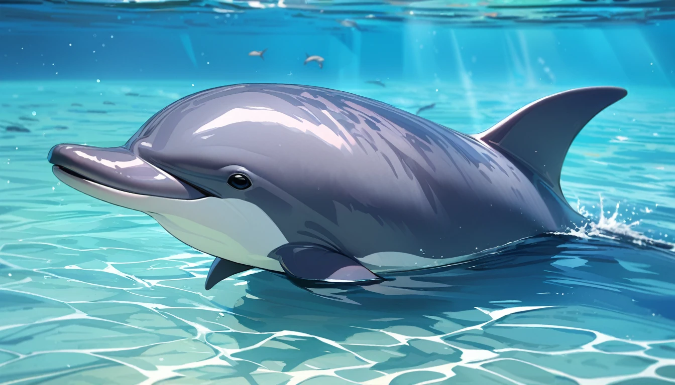 Solo, no humans, animals, Dolphin, animal-centered, masterpiece, highest quality, cute, detailed description, natural scenery, relaxing,In the sea