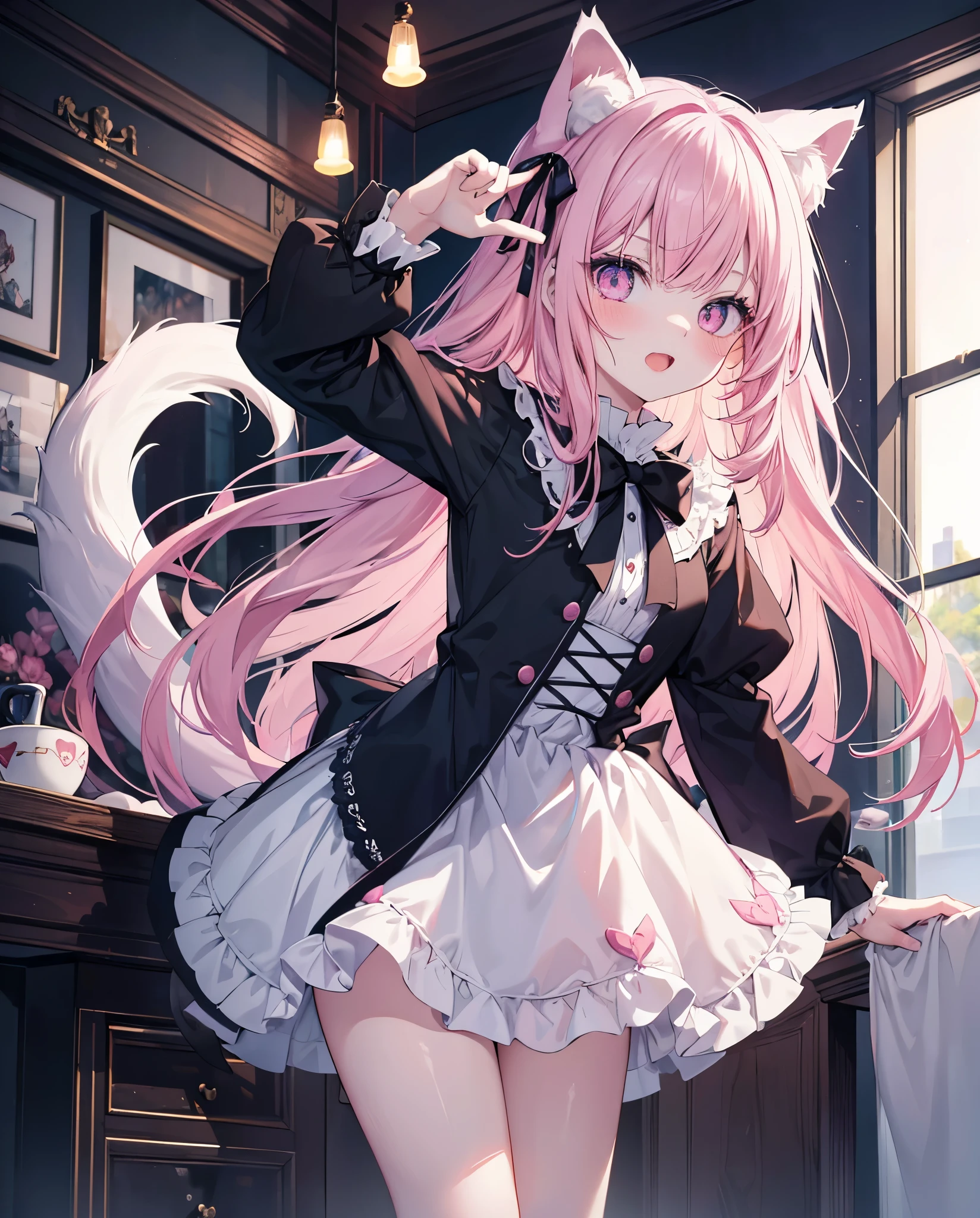 masutepiece, Highest Quality, (Perfect face:1.1), (high detailing:1.1), (ultradetailed eyes), Dramatic, superfine illustration, Extremely detailed,1girl in, ager,(pale skin), Happy, Laugh, Enjoy,Open mouth,gloweyes,pinkhair,straight hair,Ethereal eyes, pink eye,blush, Solo,Pouty lips,Cinematic lighting, upper body,looking up, leaning forward,Long sleeve, Gothic lolifrilld, bow ribbon,knee high socks,indoor, small neko ears,big white and pink fox tail, sit on his legs pose