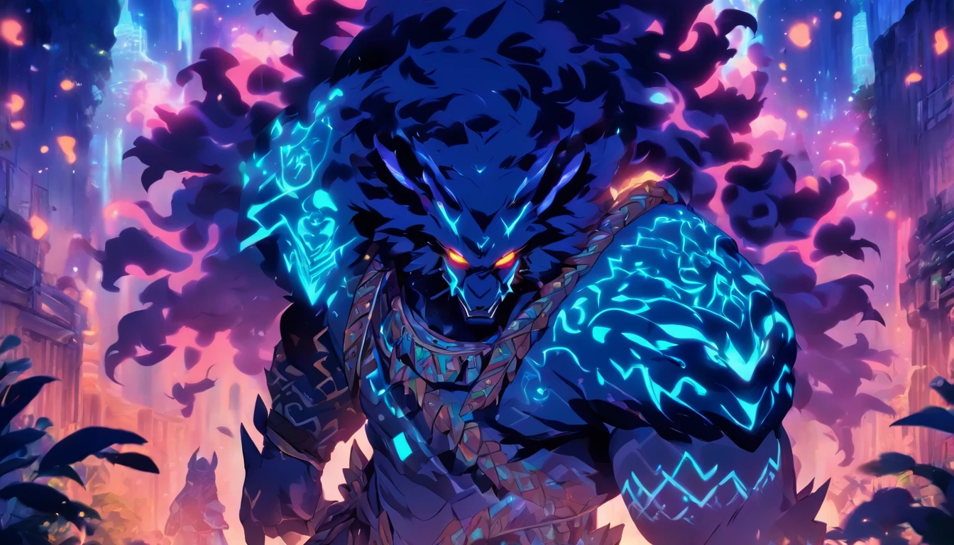 Old anime style, artbook, comicbook, RPG, futuristic tribal, tribalpunk. Magical beast man, wearing glowing magical tribal armor, stone skin with carved magic marks, dynamic pose, full body, face with glowing magical tribal tattoos with warm tones, beast features, beast tail, beast fur on ears, glowing eyes , using a magical long spear with glowing magical markings. A magical village in a kingdom of an ancient civilization with mystique, with buildings with neon details, with magical vegetation mixed in with the huts. Wide scenery, cinematic scene with several layers of depth, dynamics, magical lighting.