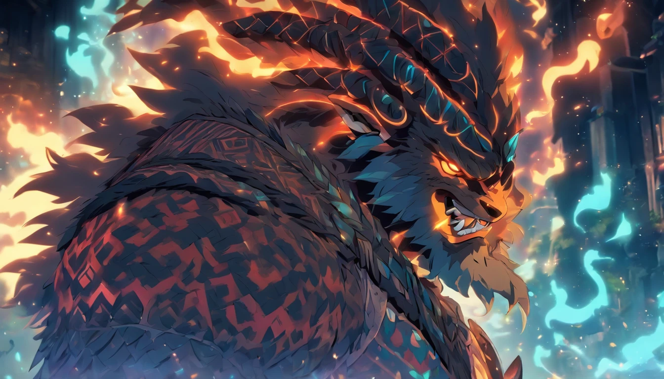 Old anime style, artbook, comicbook, RPG, futuristic tribal, tribalpunk. Magical beast man, wearing glowing magical tribal armor, stone skin with carved magic marks, dynamic pose, full body, face with glowing magical tribal tattoos with warm tones, beast features, beast tail, beast fur on ears, glowing eyes , using a magical long spear with glowing magical markings. A magical village in a kingdom of an ancient civilization with mystique, with buildings with neon details, with magical vegetation mixed in with the huts. Wide scenery, cinematic scene with several layers of depth, dynamics, magical lighting.