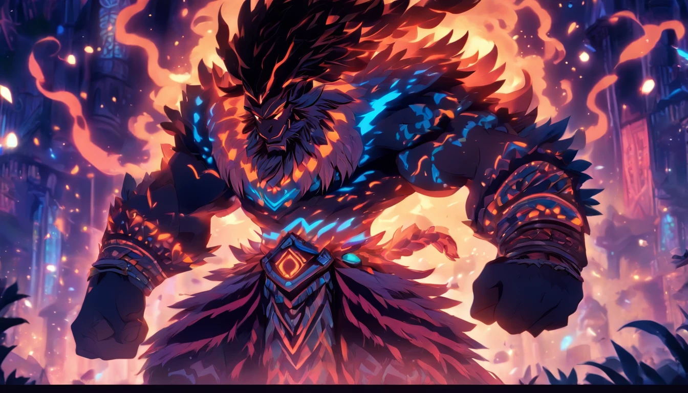 Old anime style, artbook, comicbook, RPG, futuristic tribal, tribalpunk.  Magical beast man, wearing glowing magical tribal armor, stone skin with carved magic marks, dynamic pose, full body, face with glowing magical tribal tattoos with warm tones, beast features, beast tail, beast fur on ears, glowing eyes , using a magical long spear with glowing magical markings.  A magical village in a kingdom of an ancient civilization with mystique, with buildings with neon details, with magical vegetation mixed in with the huts.  Wide scenery, cinematic scene with several layers of depth, dynamics, magical lighting.