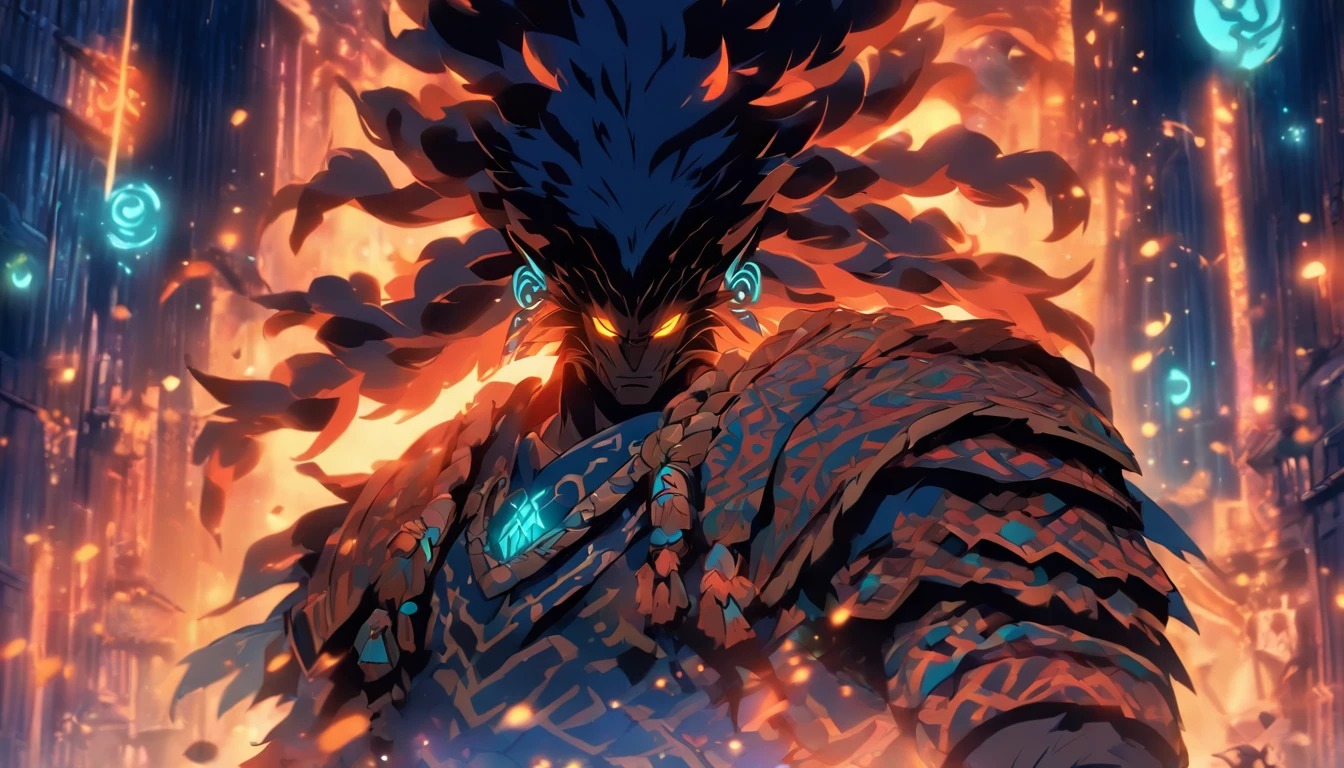Old anime style, artbook, comicbook, RPG, futuristic tribal, tribalpunk. Magical beast man, wearing glowing magical tribal armor, stone skin with carved magic marks, dynamic pose, full body, face with glowing magical tribal tattoos with warm tones, beast features, beast tail, beast fur on ears, glowing eyes , using a magical long spear with glowing magical markings. A magical village in a kingdom of an ancient civilization with mystique, with buildings with neon details, with magical vegetation mixed in with the huts. Wide scenery, cinematic scene with several layers of depth, dynamics, magical lighting.