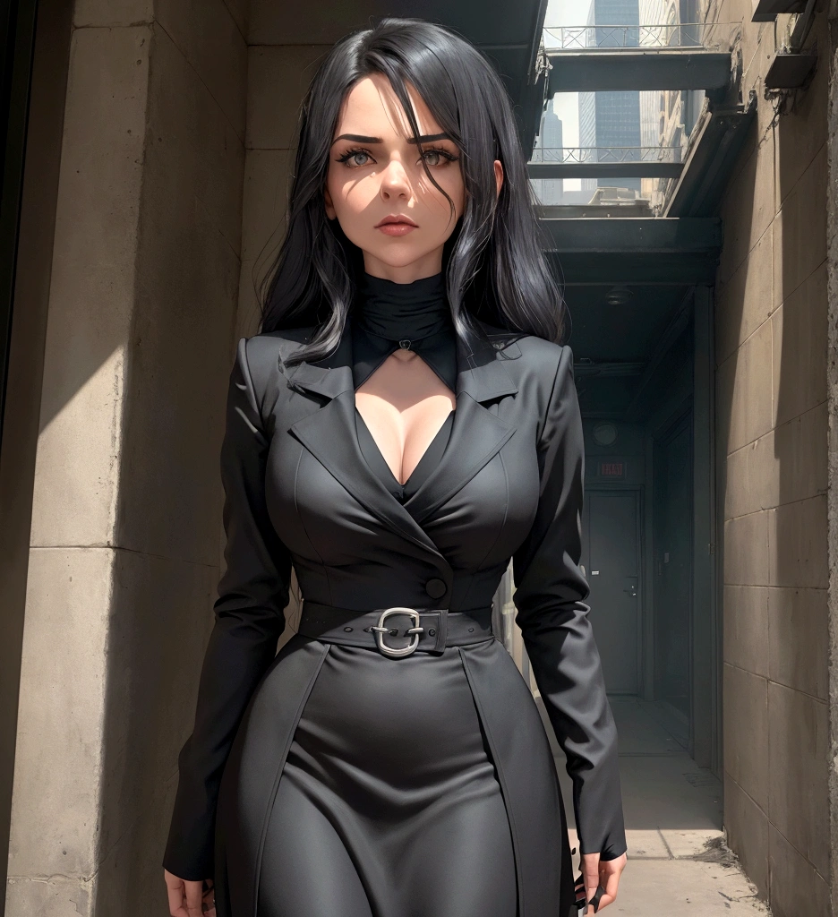 The book cover "Bound to the Mob" features an intriguing and dark design, suitable for crime and romance theme. Em primeiro plano, a young and determined female figure stands out, with dark hair blowing in the wind and a defiant look. She is dressed in stylish urban clothes, suggesting a contrast between her contemporary appearance and the dark world to which she is linked. Ao fundo, the night urban scenery of a modern city, with illuminated skyscrapers and shadows that suggest mystery and danger. The color palette is predominantly dark, with shades of dark blue and gray, creating an atmosphere of suspense and intrigue. The title of the book, "Bound to the Mob", appears in bold and elegant letters, destacando-se contra o fundo, while the author's name is discreetly positioned at the bottom of the cover.