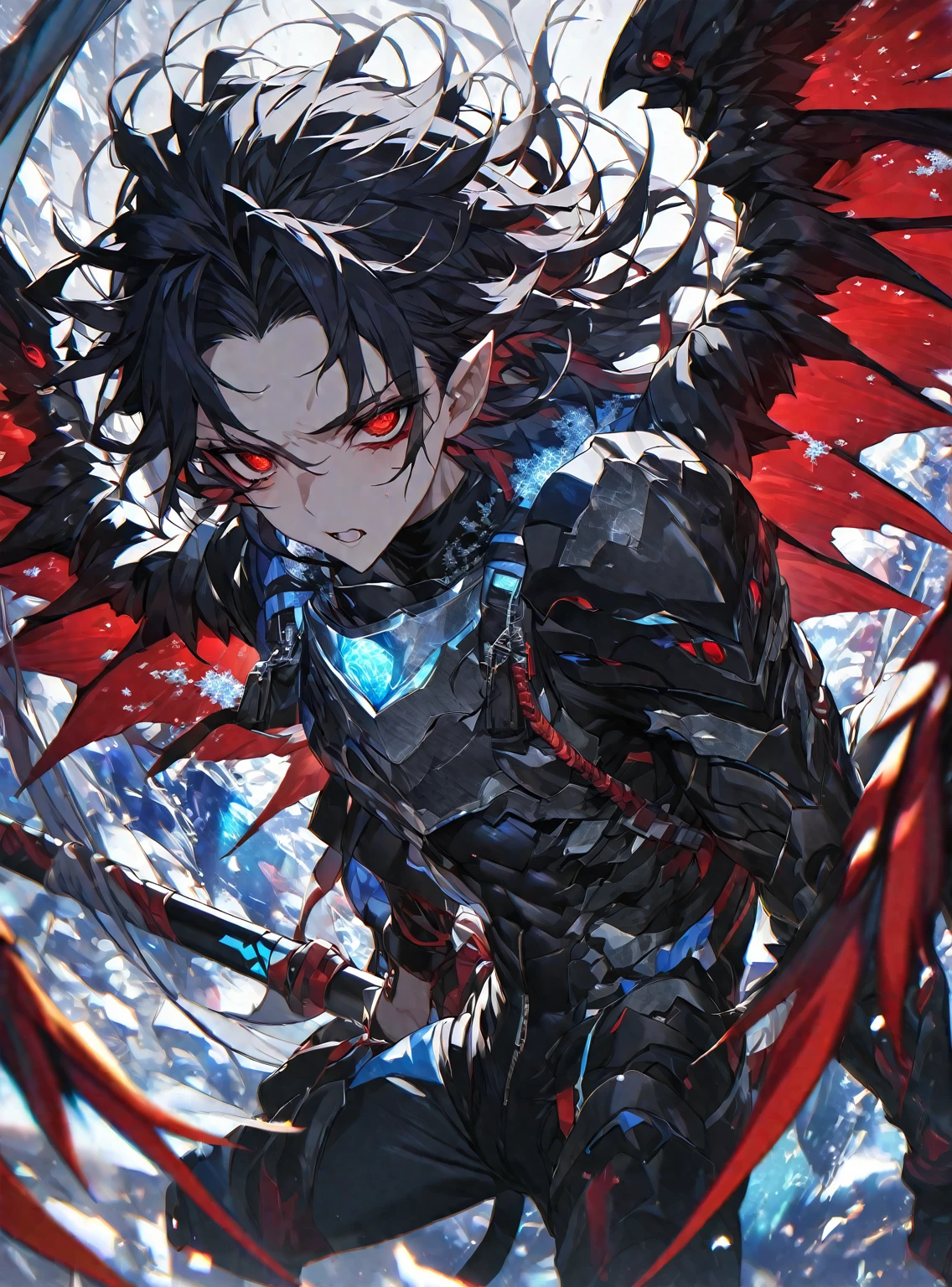 Best quality, One, handsome, 1 man, with a sporty body, V-shaped body, wide shoulders, black detailed armor with luminous bloody details, crazy and wild face, big bloody wings, sharp ears, long hair, black hair, model hair, black sclera and blood red iris eyes, around him in weightlessness blood and ice (snow) and zippers and lights, bloody threads