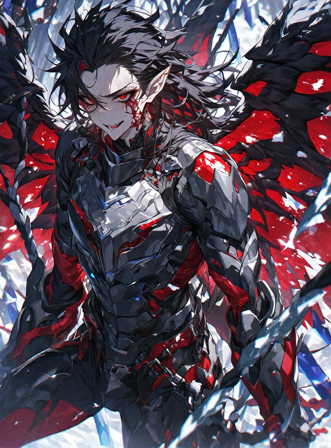 Best quality, One, handsome, 1 man, with a sporty body, V-shaped body, wide shoulders, black detailed armor with luminous bloody details, crazy and wild face, big bloody wings, sharp ears, long hair, black hair, model hair, black sclera and blood red iris eyes, around him in weightlessness blood and ice (snow) and zippers and lights, bloody threads