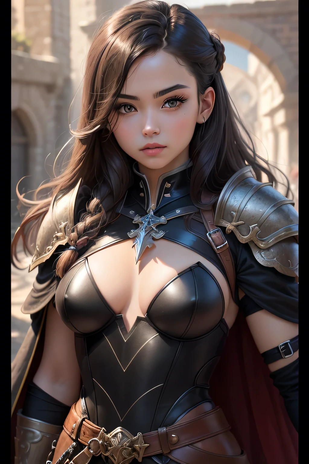 ((best quality)), ((masterpiece)), (detailed), Prize-winning works, with incredible details, maximum textures and details, uhd ,8K,super resolution ,depth of field, retina, masterpiece, anatomically correct, textured skin, super detail, high details, highres ,1 adventurous girl in brunette warrior costume ,beautiful face, stop at an adventurers guild, chestnut hair, developing long hair, slickedback hair, wearing medieval black armor , black gauntlets and gloves, black plate black leather,black pants, black belts ,black long cape ,fully body, hyper-detailed piercing eyes ,black heavy armor (15 yea man :1.1,detailedeyes, face detailed, whole body:1.1,the background is an adventurers guild ),(best qualityer:1.2,ultra detali:1.1,realisitic:1.37) ,eyeshadows,sharp focus,swirly vibrant colors,)