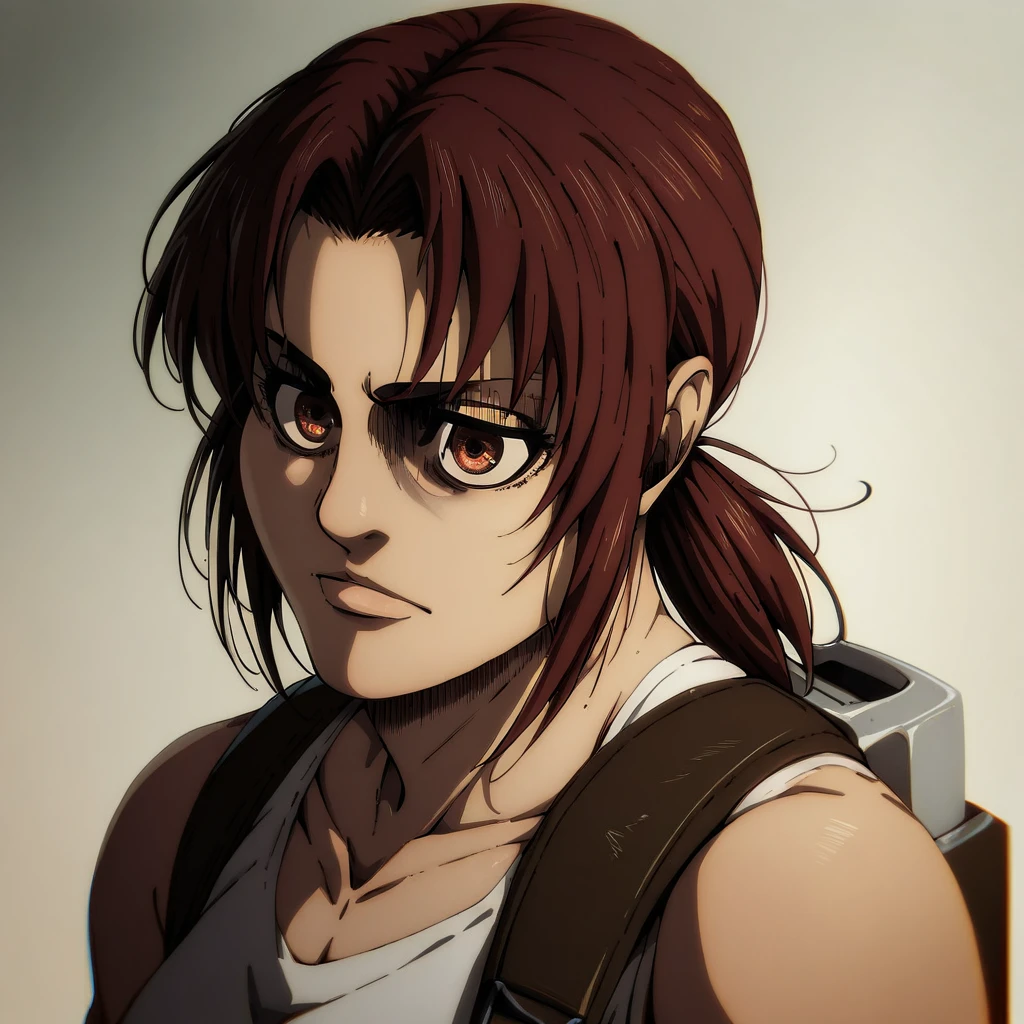 shingeki_no_kyojin_s4_style, portrait, solo,revy, ponytail
tank top, fingerless gloves, holster